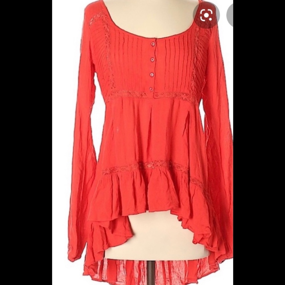 Free People Red Orange High Low Lacy Tunic SZ- S